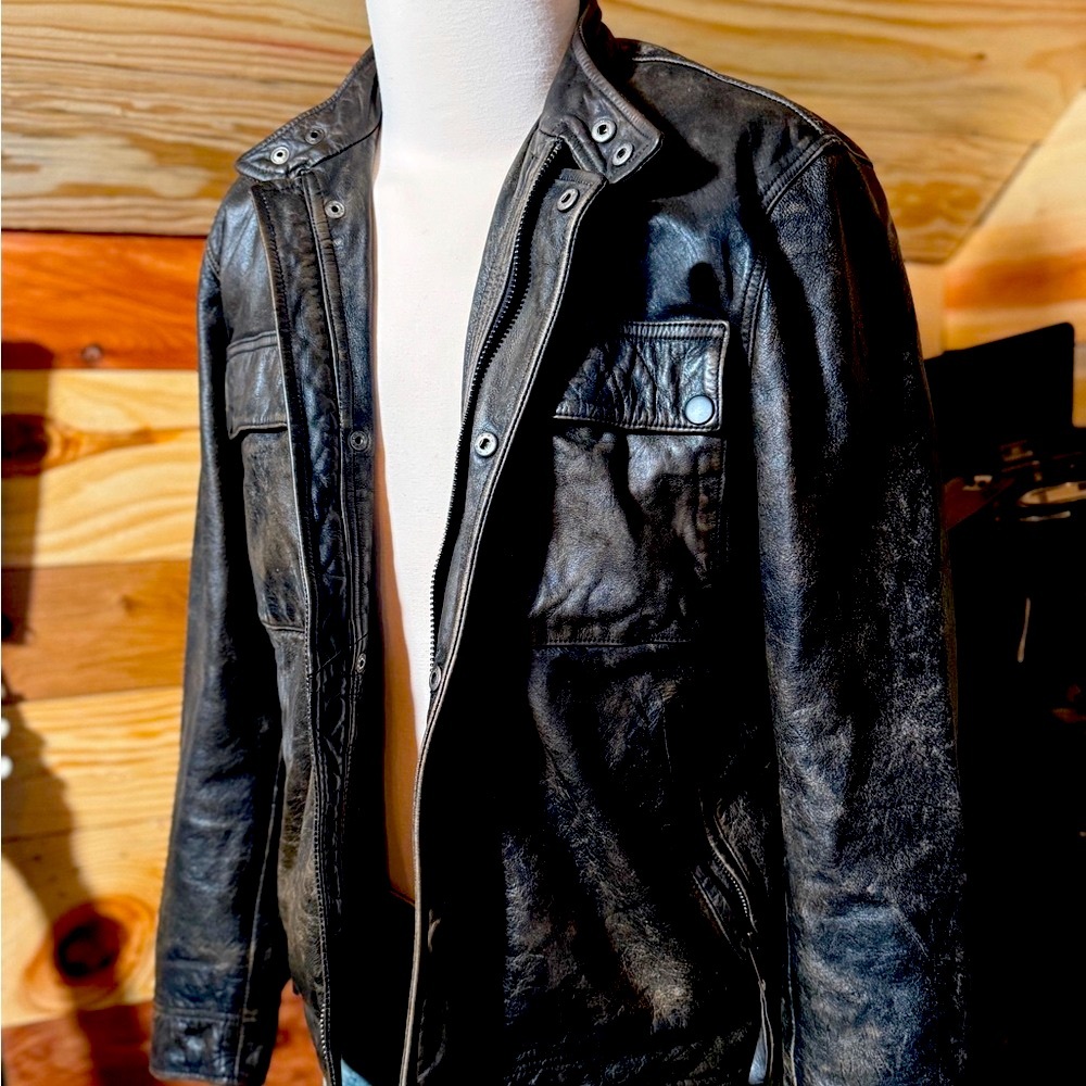 Lucky Brand Black Label Mens Distressed Leather Jacket Medium
